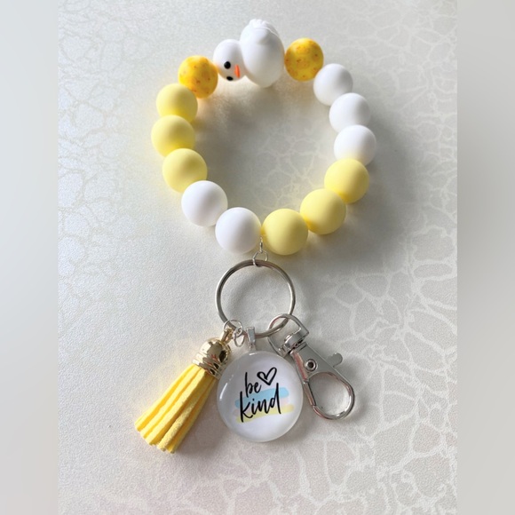 Yellow and White Beaded Keychain Wristlet Bracelet with cute duck - Picture 1 of 3